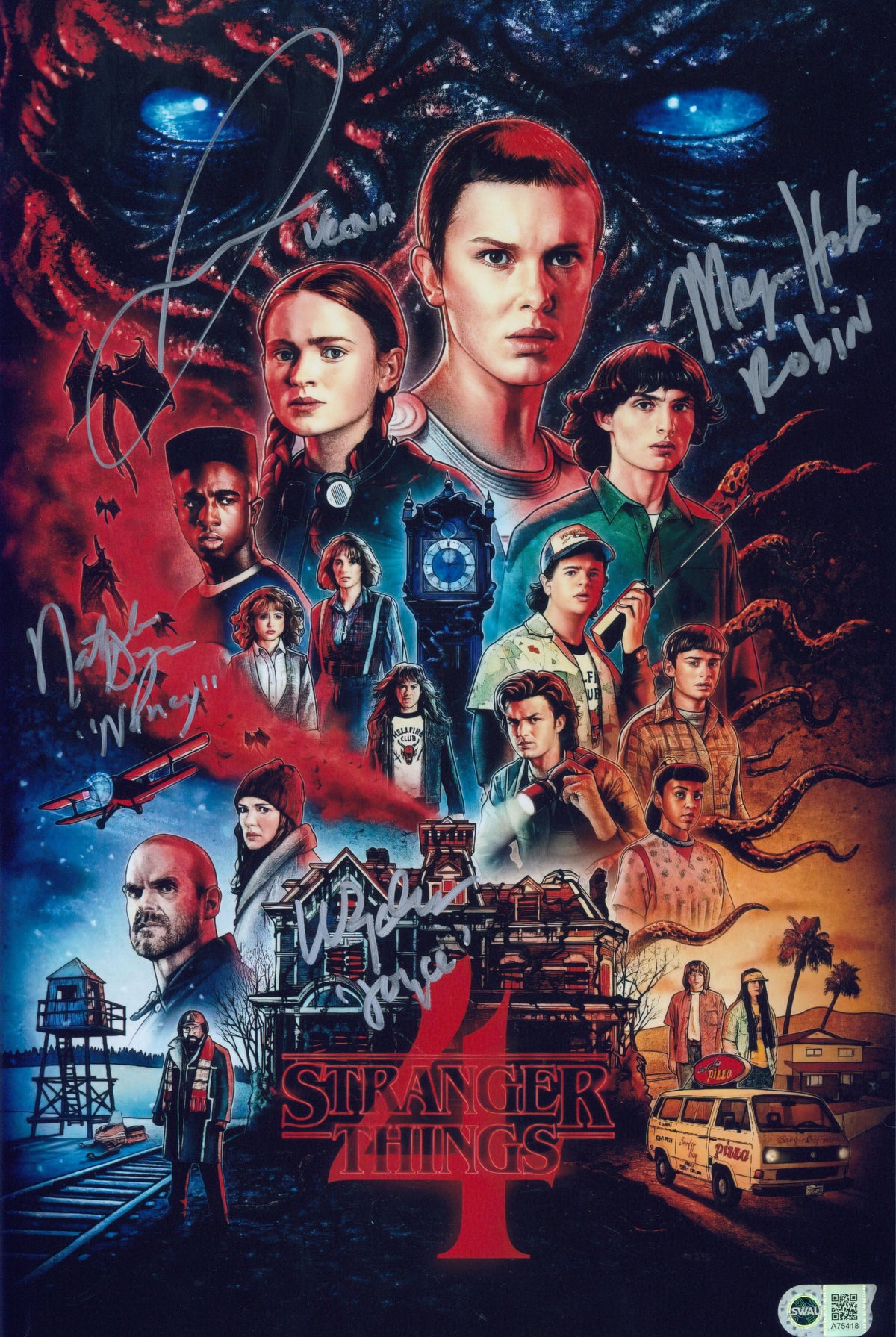Winona Ryder, Maya Hawke, Jamie Campbell Bowers & Natalia Dyer Signed 11x17 Photo - SWAU Authenticated - SWAU